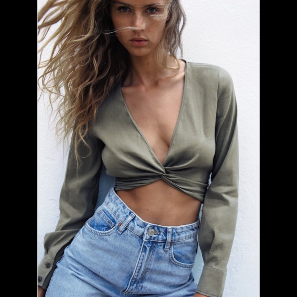 Zara knotted crop top olive